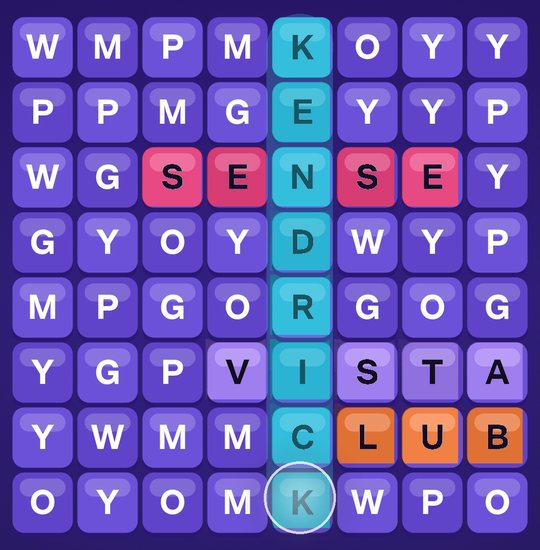 Word search game board with CLUB, VISTA and SENSE found in orange, lavender and pink while KENDRICK is traced down the grid in cyan