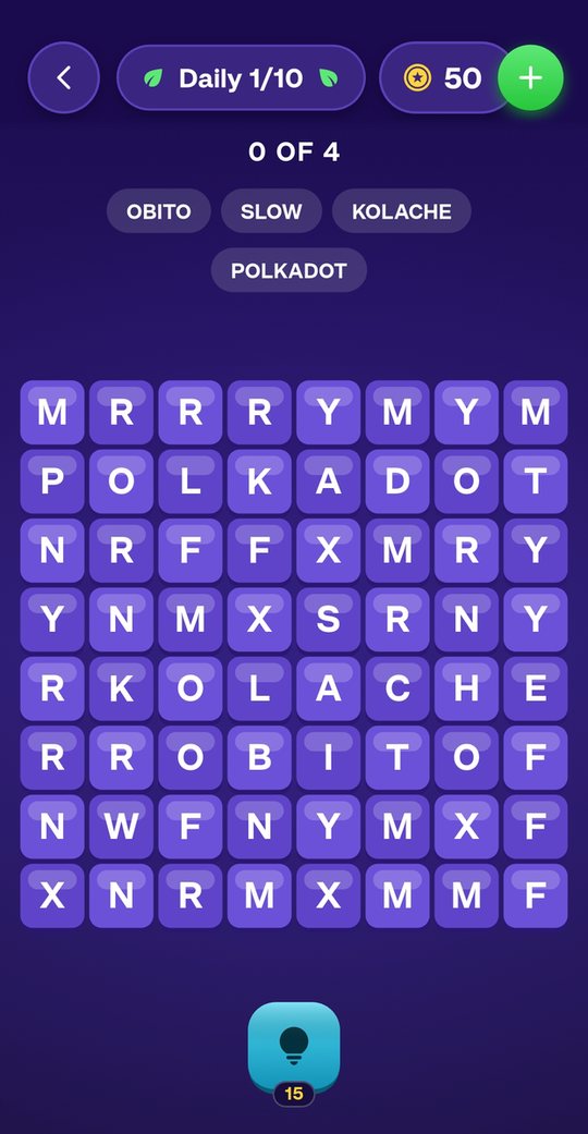 Daily word search challenge, puzzle 1 of 10, with four hidden words to find in an 8×8 letter grid