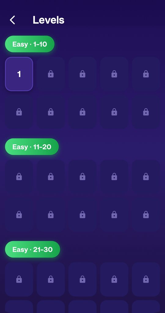 Word search levels screen, with levels grouped as Easy 1–10, 11–20 and 21–30 and level 1 ready to play