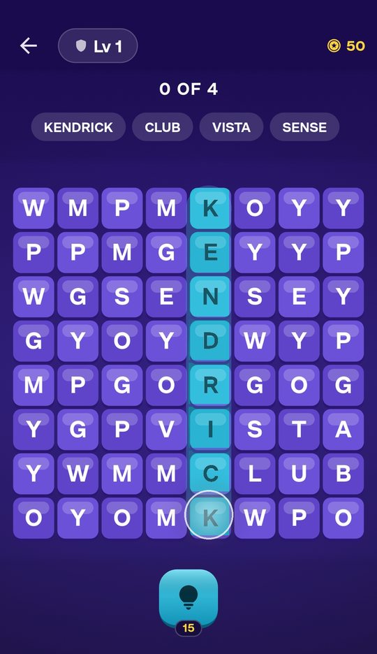 Word search puzzle in progress on level 1: the words KENDRICK, CLUB, VISTA and SENSE above the letter grid, KENDRICK being traced in cyan, and the hint button below