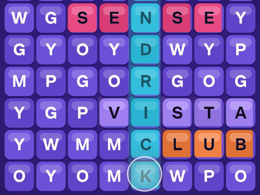 Hidden words SENSE, VISTA and CLUB found on the letter grid in pink, lavender and orange