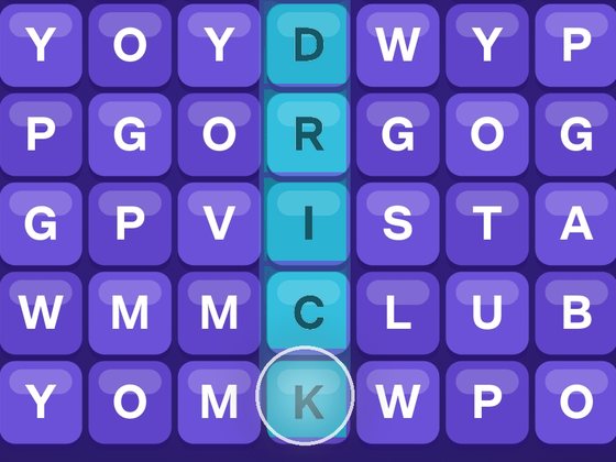 A finger swiping down one column of the word search grid, lighting up D, R, I, C and K in cyan
