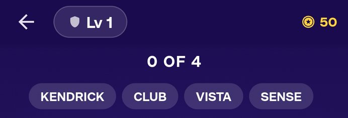 The word list at the top of a word search level: the level 1 badge, 50 coins, the counter 0 OF 4 and the words KENDRICK, CLUB, VISTA and SENSE